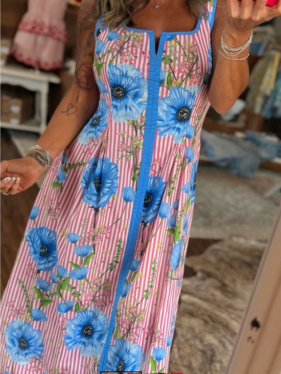 entro Dresses & Skirts - entro Pink-White Striped Midi Dress with Blue Floral Print